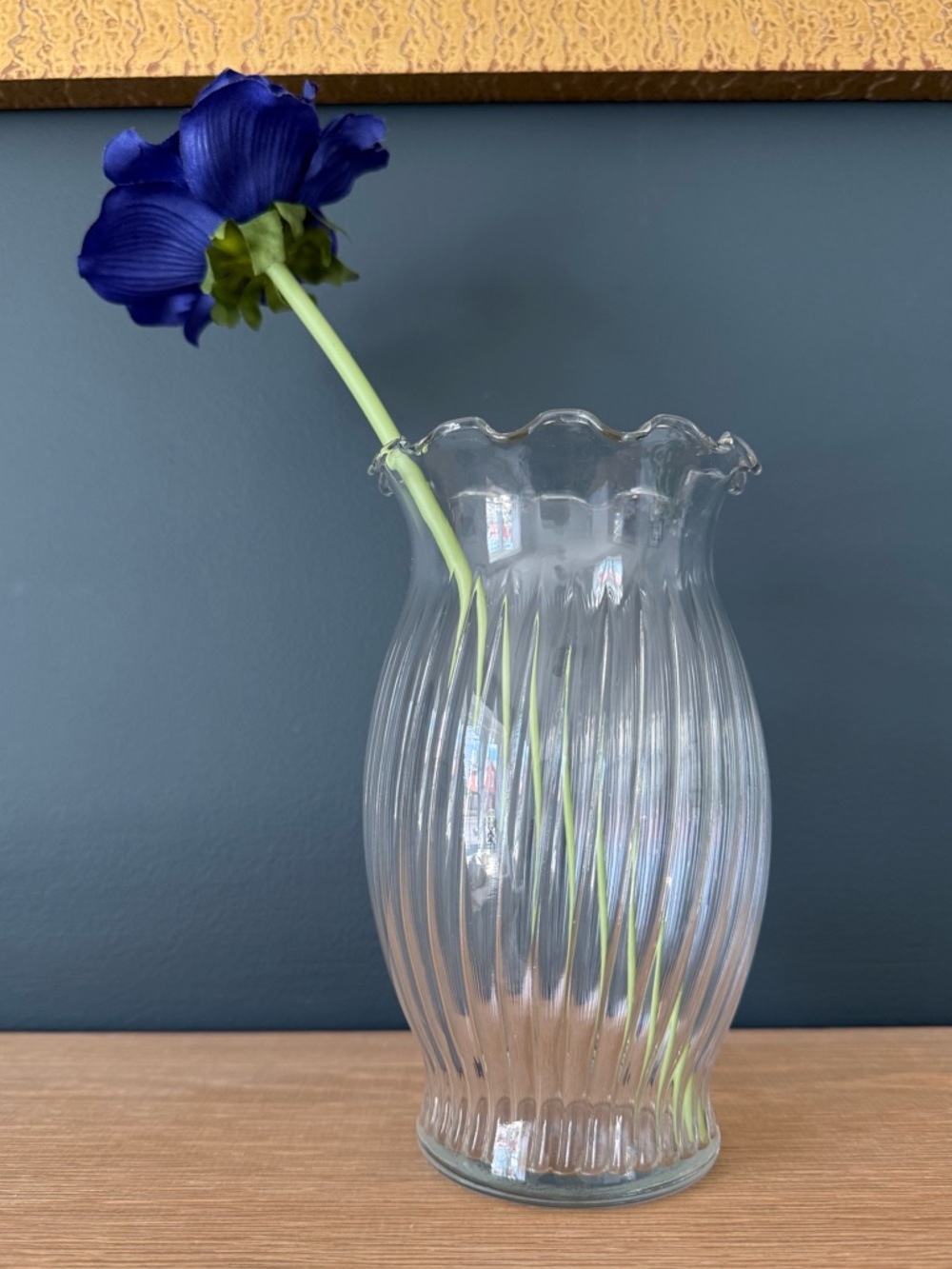 Clear Fluted Glass Vase with Scalloped Rim